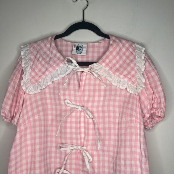 Sleeper Pink Checkered Linen Lounge Shirt Size XL - Picture 3 of 8